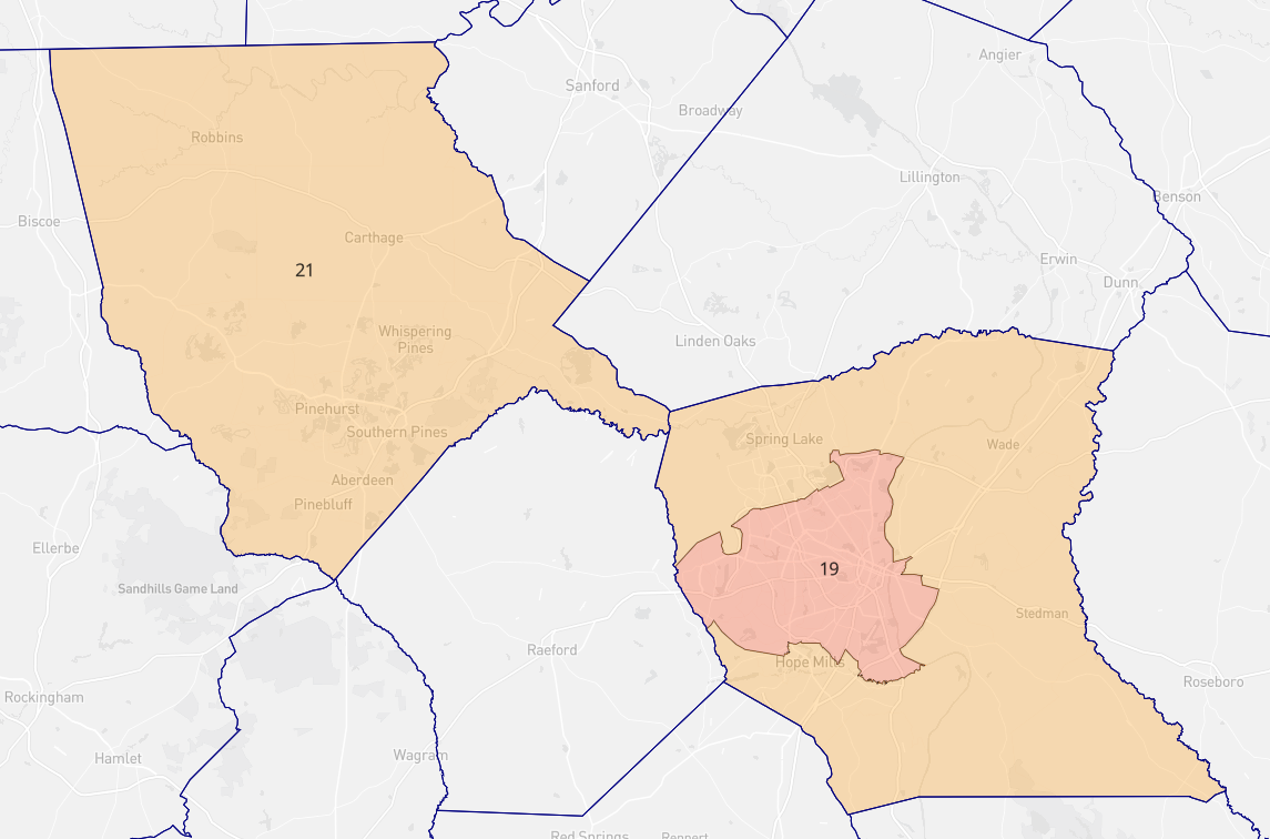 This map of North Carolina state Senate District 19 and Senate District 21 will be used in Cumberland and Moore County for the 2024 to 2030 elections.