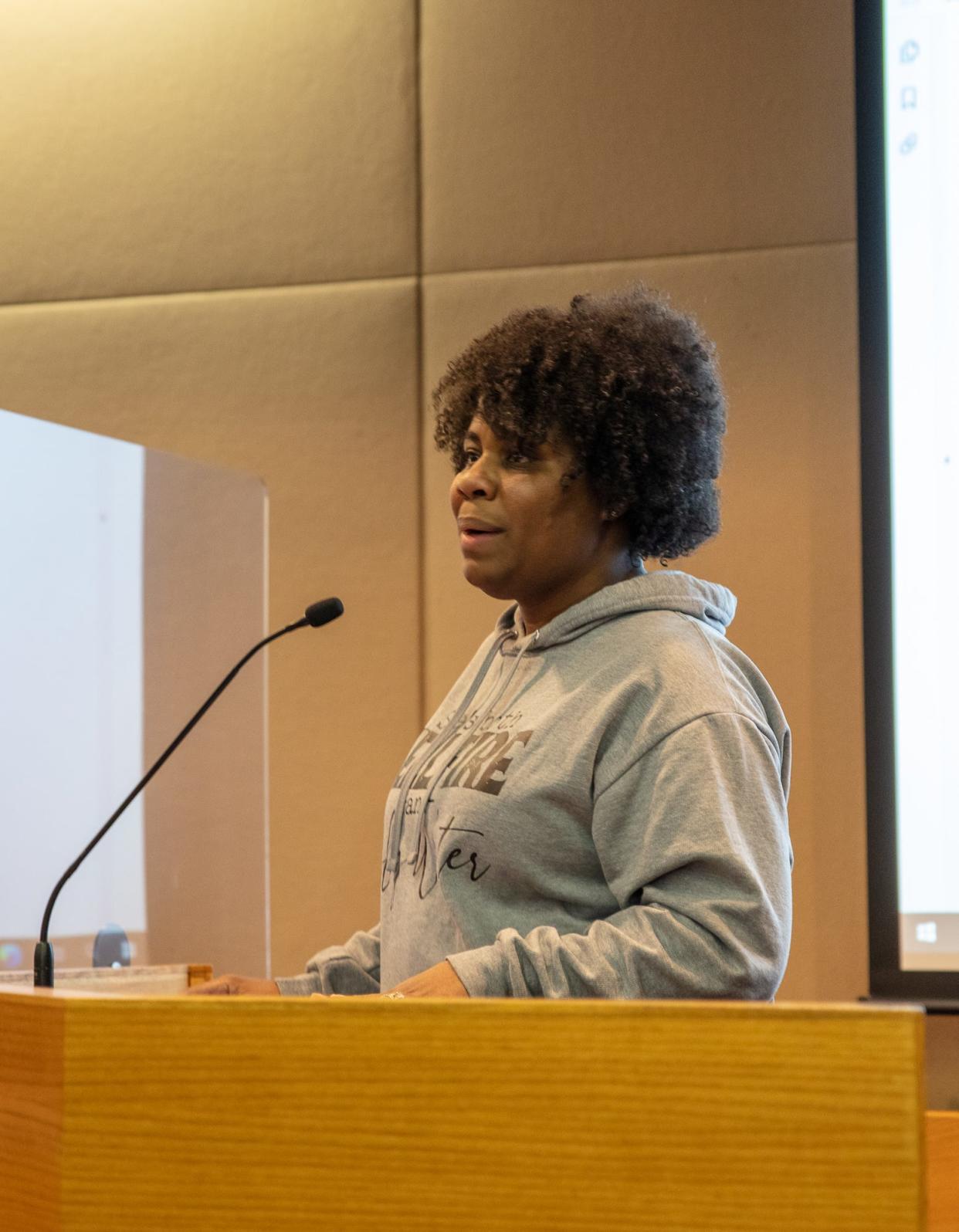 Pastor Heather Boone, president of Oaks Village Shelter, addresses the Monroe County Board of Commissioners during a meeting Tuesday, Jan. 24, 2023.