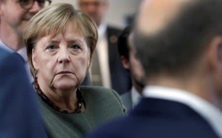 German Chancellor Angela Merkel attends a presentation of the Hasso Plattner Institute as part of a two-day retreat of the German government in Potsdam, near Berlin, Germany November 14, 2018. Michael Sohn/Pool via REUTERS