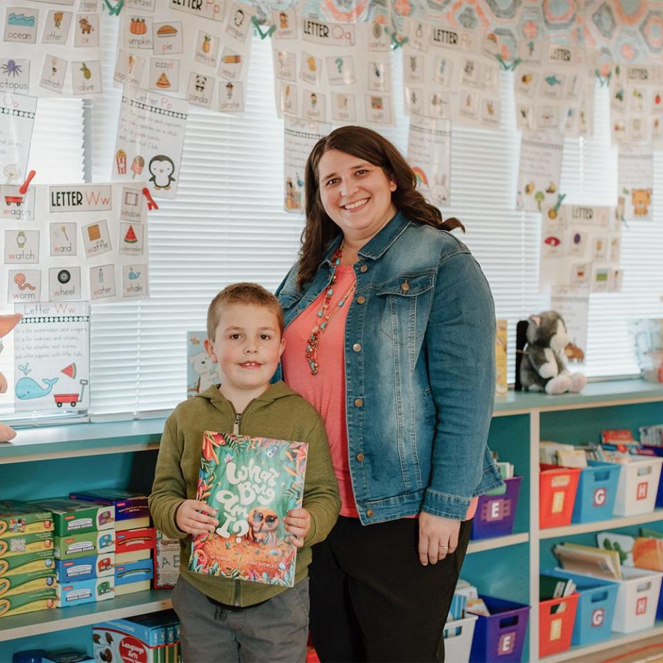 Daniel Luzitano, left, with Armin Jahr kindergarten teacher Ashleigh Schiano-Oliver.  Schiano-Oliver received an award from the "Honored" organization, which takes nominations from parents and students on teachers who have made a difference in their lives.