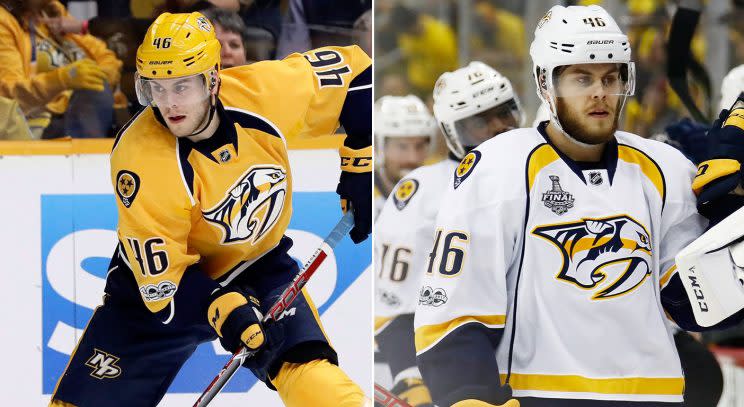 Pontus Aberg during Game 4 against the Blackhawks (Mark Humphrey/AP) vs. Pontus Aberg during Game 2 of the Stanley Cup Final (Gregory Shamus/Getty).