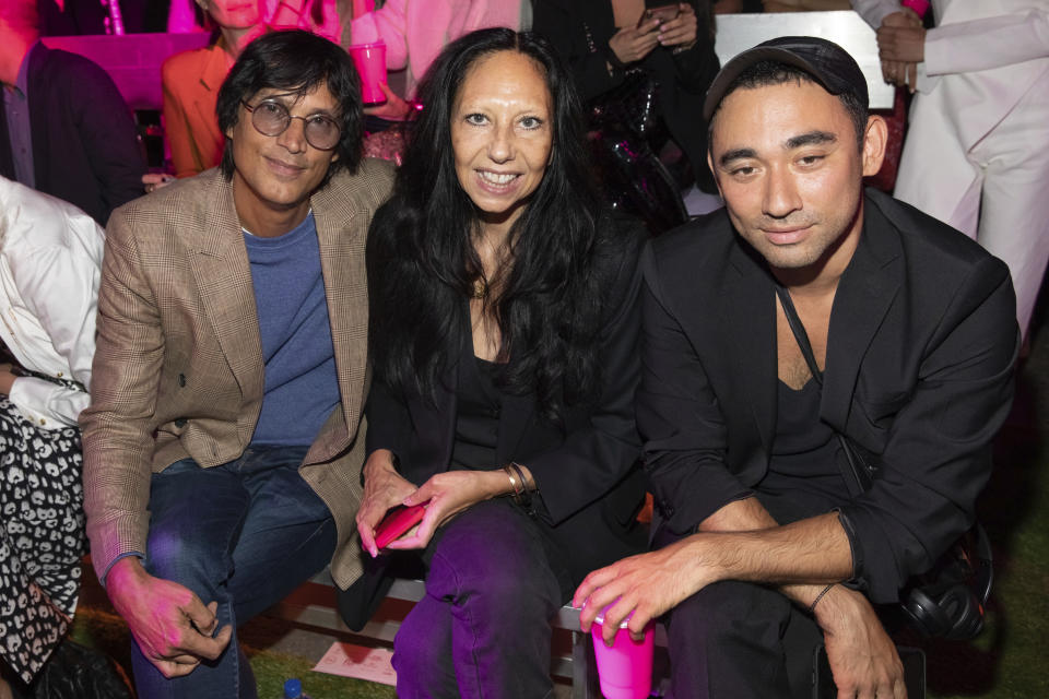 Vinoodh Matadin, from left, Inez van Lamsweerde, and Nicola Formichetti attend the Brandon Maxwell runway show during NYFW Spring/Summer 2020 on Saturday, Sept. 7, 2019, in the Brooklyn borough of New York. (Photo by Brent N. Clarke/Invision/AP