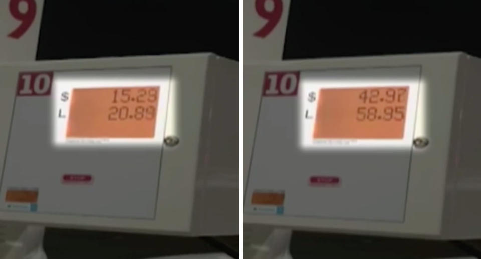 Pictured is a still from a Sydney taxi driver's video that he says shows the moment the fuel price and litres shot up while he was filling up. The still on the left shows $15.29 worth of fuel and the photo on the right shows the price sitting at $42.97 just moments later.