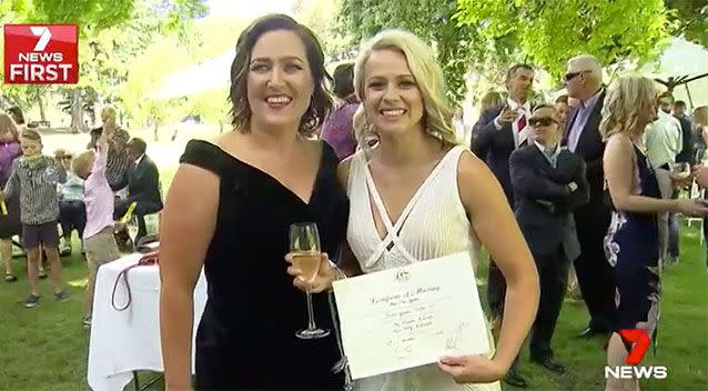 Amy and Elise McDonald became the first same-sex couple to marry in Melbourne. Source: 7 News