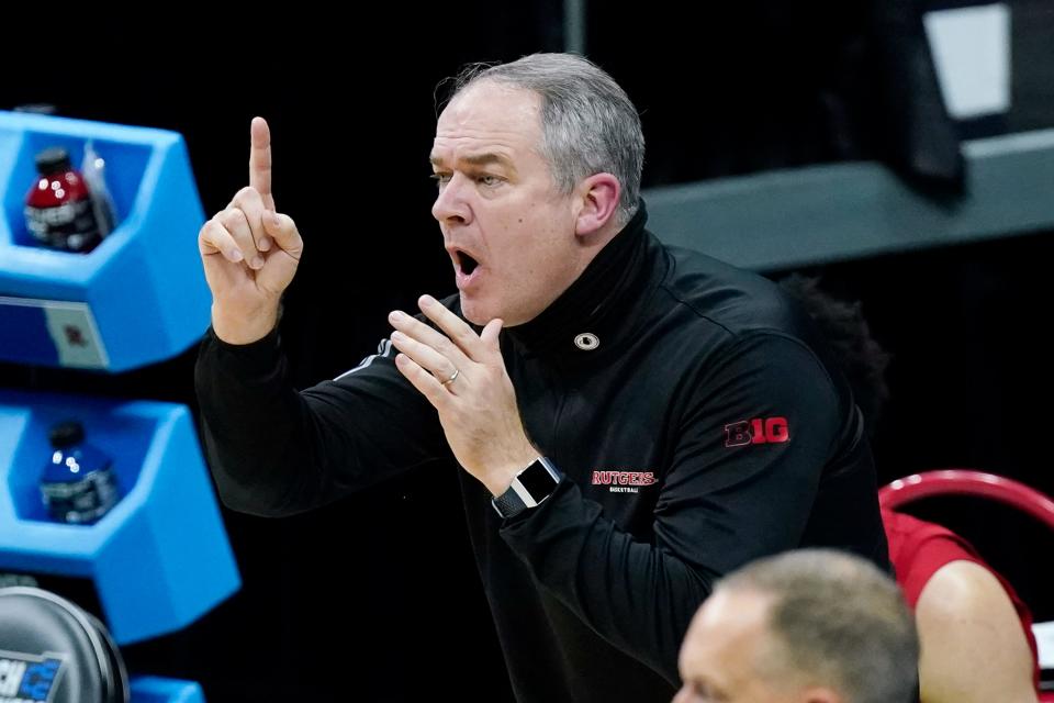 Rutgers men's basketball coach Steve Pikiell yells to his players during a game against Houston in the second round of the NCAA tournament in March.