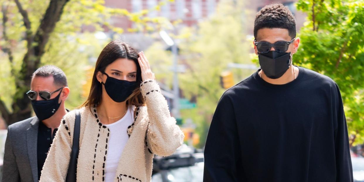 new york, new york   april 24 kendall jenner l and devin booker are seen in soho on april 24, 2021 in new york city photo by gothamgc images