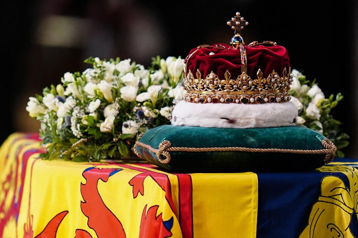 The Crown of Scotland sits atop the coffin of Queen Elizabeth II inside St Giles Cathedral in Edinburgh