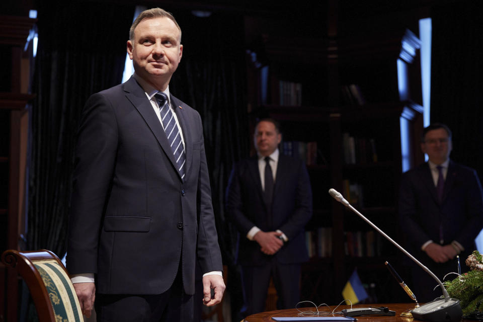 is Poland's President Andrzej Duda seen during his meeting with Ukrainian President Volodymyr Zelenskyy at the presidential residence in Ivano-Frankivsk region, 430 kilometers (270 miles) southwest of the capital, Kyiv, Monday, Dec. 20, 2021. (Ukrainian Presidential Press Office via AP)