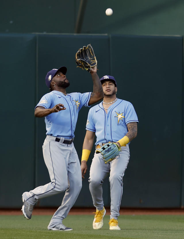 Tampa Bay Rays left fielder Randy Arozarena makes the catch on a