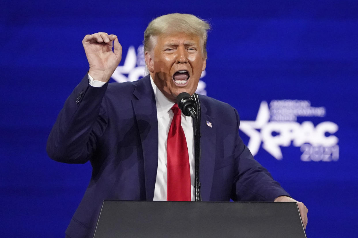 Former President Donald Trump speaks at the Conservative Political Action Conference (CPAC), Sunday, Feb. 28, 2021, in Orlando, Fla. (AP Photo/John Raoux)