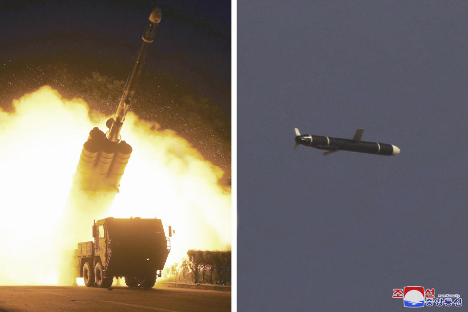 This combination of photos provided by the North Korean government on Monday, Sept. 13, 2021, shows long-range cruise missiles tests held on Sept. 11 -12, 2021 in an undisclosed location of North Korea. North Korea says it successfully test fired what it described as newly developed long-range cruise missiles over the weekend, its first known testing activity in months that underscored how it continues to expand its military capabilities amid a stalemate in nuclear negotiations with the United States. Independent journalists were not given access to cover the event depicted in this image distributed by the North Korean government. The content of this image is as provided and cannot be independently verified. Korean language watermark on image as provided by source reads: "KCNA" which is the abbreviation for Korean Central News Agency. (Korean Central News Agency/Korea News Service via AP)