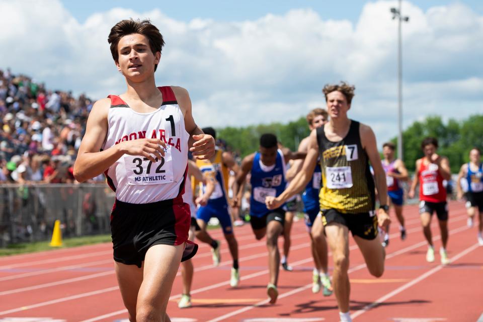 Moon Area's Jacob Puhalla runs to a fourth-place finish in the 3A boys' 800-meter run at the PIAA Track and Field Championships at Shippensburg University on Saturday, May 28, 2022. 