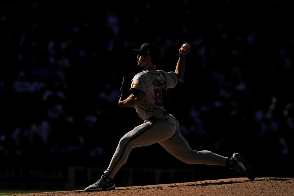 Atlanta Braves' Spencer Strider pitches during the third inning of an opening-day baseball game against the Philadelphia Phillies, Friday, March 29, 2024, in Philadelphia. (AP Photo/Matt Slocum)