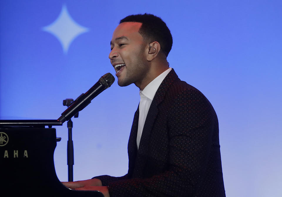 Musician John Legend performs at the My Brother's Keeper Alliance Summit in Oakland, Calif., Tuesday, Feb. 19, 2019. (AP Photo/Jeff Chiu)