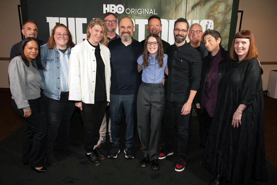 LOS ANGELES, CALIFORNIA - DECEMBER 04: (L-R) Moderator Jazz Tangcay, John Paino, Emily Mendez, Ksenia Sereda, Timothy Good, Craig Mazin, Bella Ramsey, Alex Wang, Neil Druckmann, Marc Fishman, Carolyn Strauss, and Cynthia Summers attend "The Last of Us" FYC Event at Paramount Theatre on December 04, 2023 in Los Angeles, California. (Photo by Jeff Kravitz/FilmMagic for HBO)