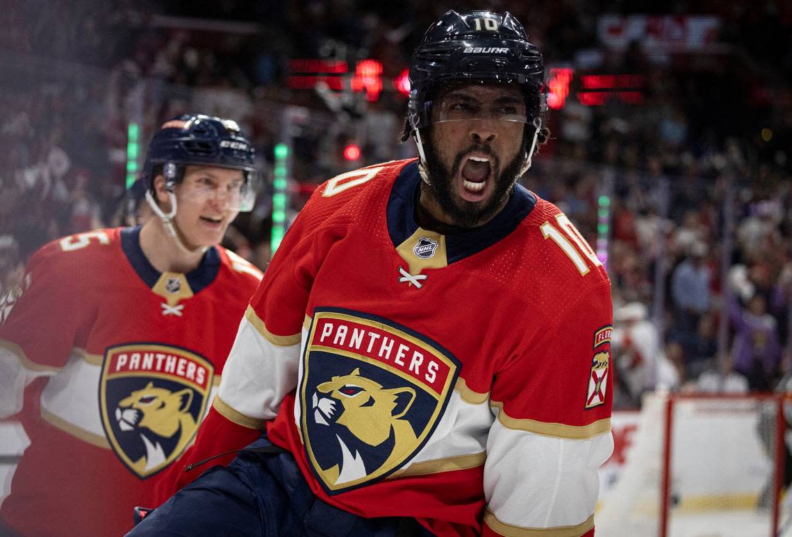 Florida Panthers left wing Anthony Duclair (10) yells after scoring a goal during the second period of Game 3 of the Eastern Conference second-round NHL Stanley Cup series on Sunday, May 7, 2023, at FLA Live Arena. The score was tied 2-2 at the end of the second period.