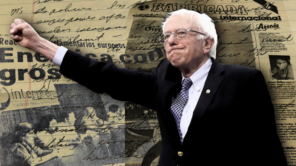 Sen. Bernie Sanders with archived clips. (Photo illustration: Yahoo News; clips via University of Vermont Libraries)