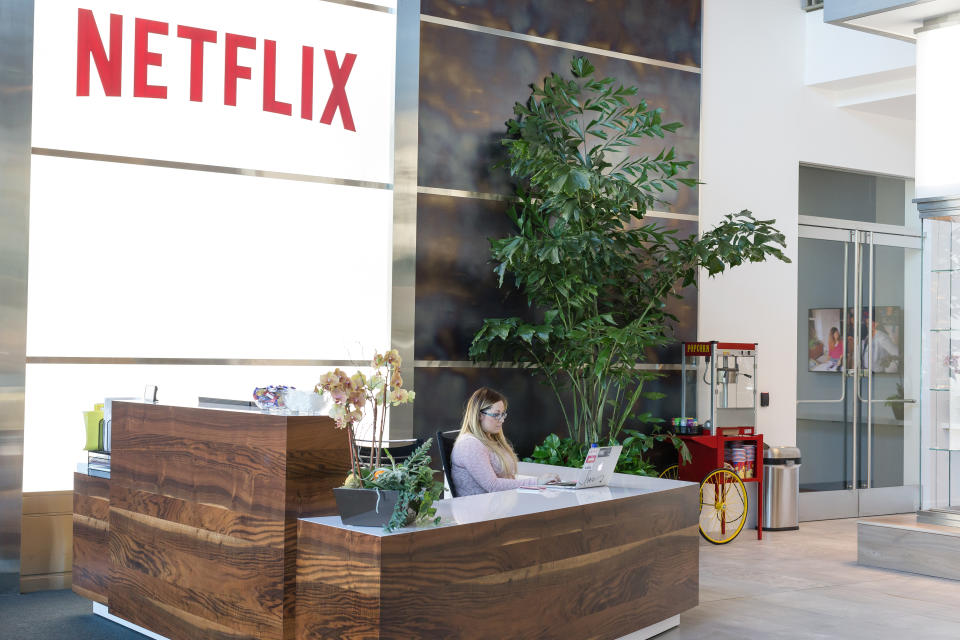 A woman behind the reception desk at Netflix's Los Gatos office.