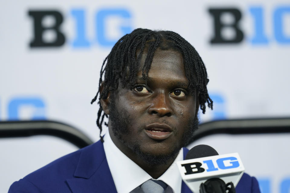 Indiana corner back Tiawan Mullen talks to reporters during an NCAA college football news conference at the Big Ten Conference media days, at Lucas Oil Stadium, Tuesday, July 26, 2022, in Indianapolis. (AP Photo/Darron Cummings)