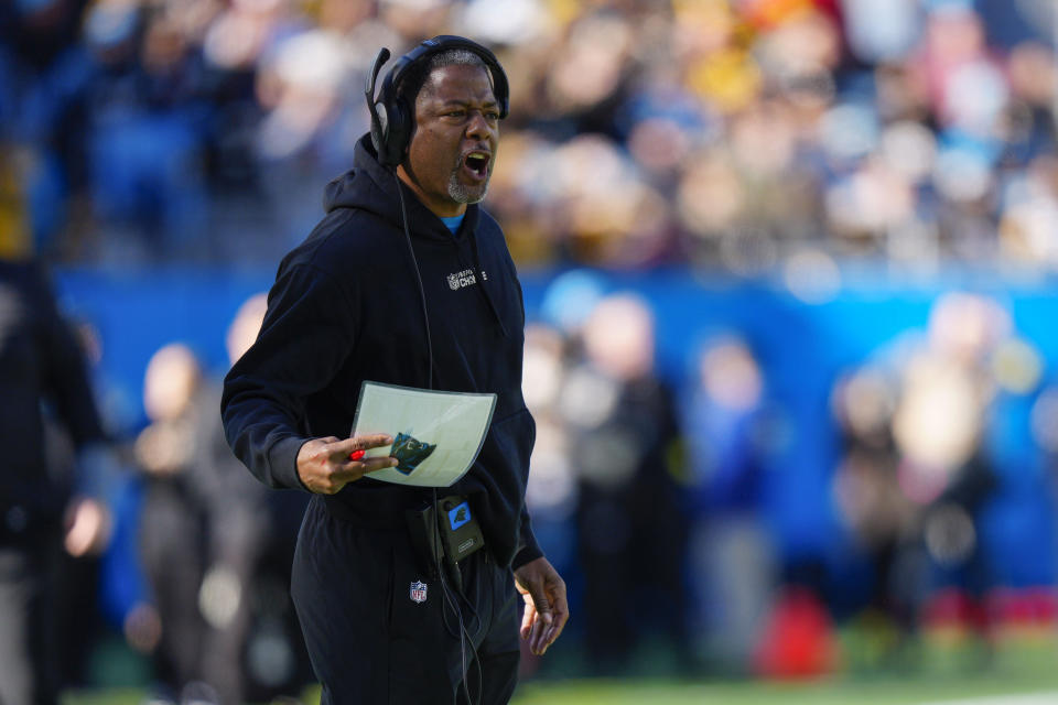 Carolina Panthers head coach Steve Wilks yells during the first half of an NFL football game between the Carolina Panthers and the Pittsburgh Steelers on Sunday, Dec. 18, 2022, in Charlotte, N.C. (AP Photo/Jacob Kupferman)