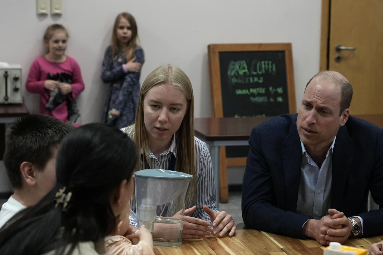 Britain's Prince William visits an accommodation centre, for Ukrainians who fled the war, in Warsaw, Poland, Wednesday, March 22, 2023. (AP Photo/Czarek Sokolowski)