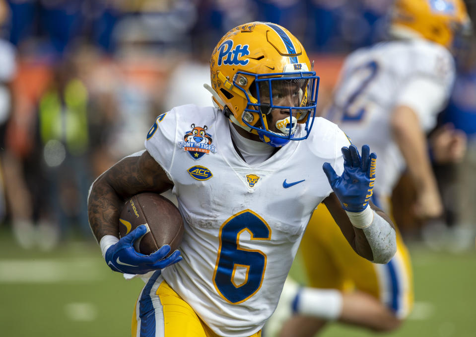 FILE - Pittsburgh running back Rodney Hammond Jr. (6) carries during the first half of the Sun Bowl NCAA college football game against UCLA, Dec. 30, 2022 in El Paso, Texas. Pittsburgh opens its season at home against Wofford on Sept. 2. (AP Photo/Andres Leighton, File)