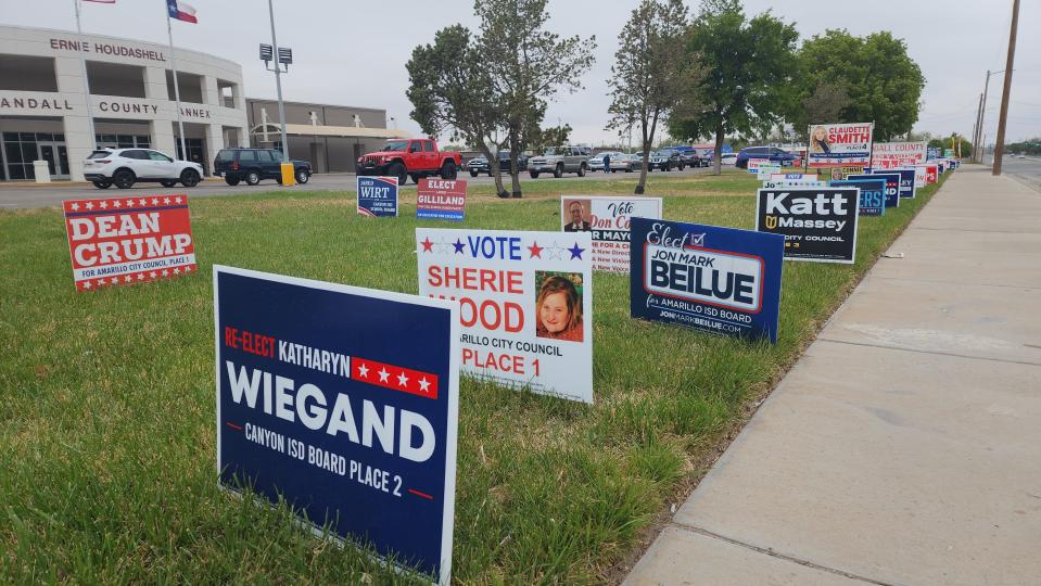 Campaign signs are seen during the first day of early voting at the Randall County Annex in Amarillo. The majority of early ballots cast in Randall County were at the Randall County Annex, with 8,172 votes accounting for more than 70% of the total votes received.