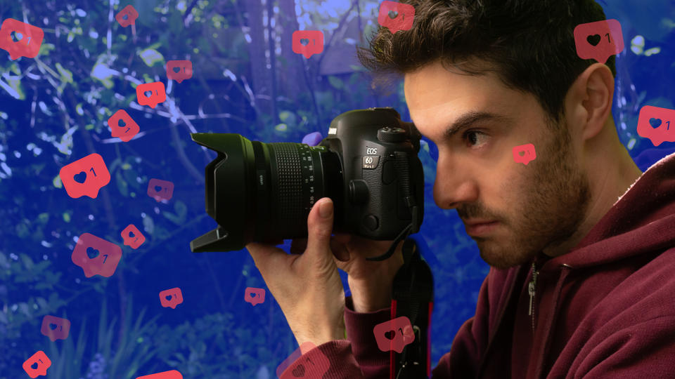  Peter Fenech with Canon DSLR camera with overlaid floral-like wallpaper of falling cameras 