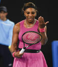 United States' Serena Williams reacts during her match against compatriot Danielle Collins during a tuneup event ahead of the Australian Open tennis championships in Melbourne, Australia, Friday, Feb. 5, 2021.(AP Photo/Andy Brownbill)