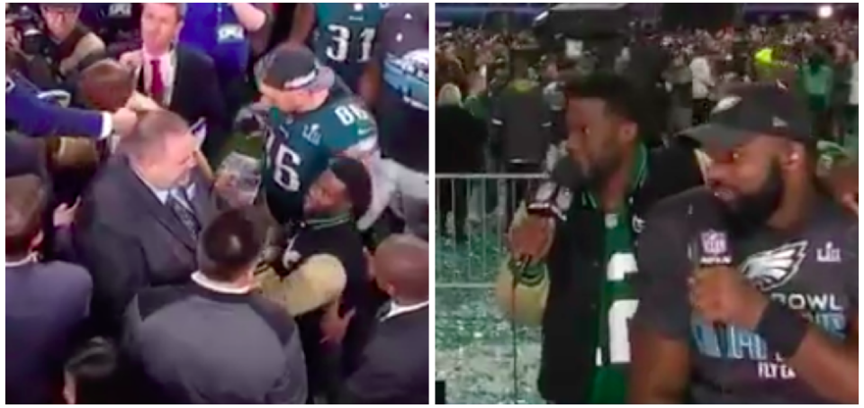 Kevin Hart celebrated too hard after Super Bowl LII. (Screen shots via @_MarcusD2_ and @BackAftaThis on Twitter)