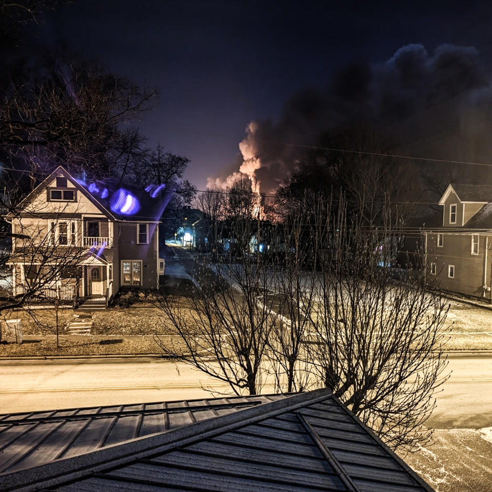 The view from Wendy Snyder's window on Feb. 3, 2023, the night of the train derailment in in East Palestine, Ohio. (Wendy Snyder)