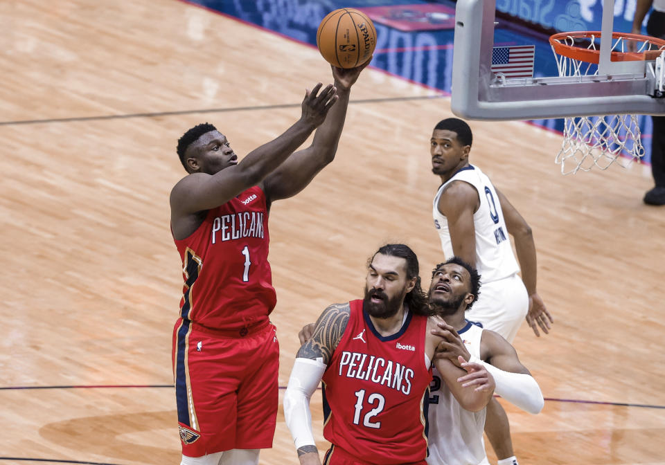 New Orleans Pelicans forward Zion Williamson (1) shoots against the Memphis Grizzlies during the second quarter of an NBA basketball game in New Orleans, Saturday, Feb. 6, 2021. (AP Photo/Derick Hingle)