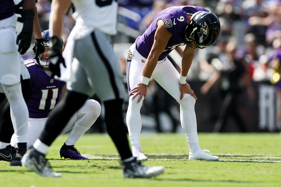 Justin Tucker #9 of the Baltimore Ravens reacts to missing a field goal during the second quarter against the Las Vegas Raiders at M&T Bank Stadium on September 15, 2024 in Baltimore, Maryland. (Photo by Patrick Smith/Getty Images)