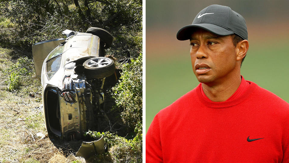 Tiger Woods (pictured right) during a golf tournament and his car crash (pictured left) in LA.