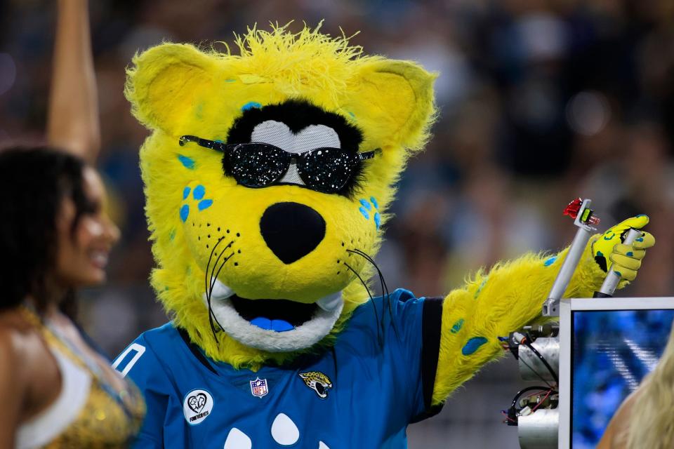 Jaxson de Ville prepares to fire a T-shirt cannon during the second quarter of an NFL preseason game Saturday, Aug. 20, 2022, at TIAA Bank Field in Jacksonville.