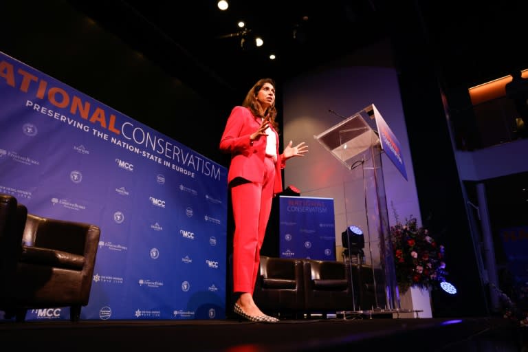 La exministra del Interior británica Suella Braverman participa en la conferencia del conservadurismo "NatCon", en Bruselas, el 16 de abril de 2024 (Simon Wohlfahrt)