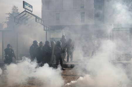 Tear gas floats in the air as protesters clash with French gendarme during a demonstration on Act 44 (the 44th consecutive national protest on Saturday) of the yellow vests movement in Nantes