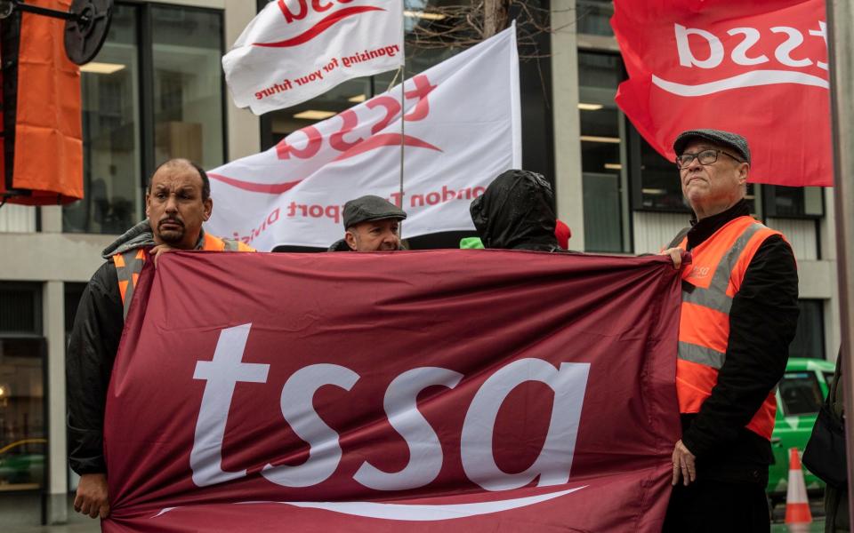 TSSA union members during a strike on Crossrail last month - JULIAN SIMMONDS