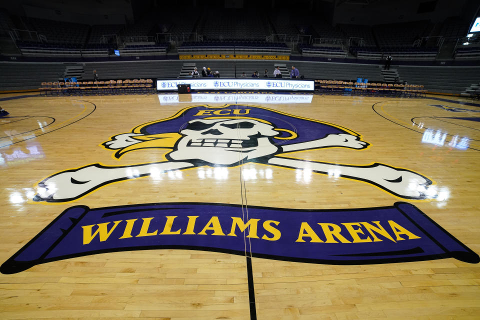 GREENVILLE, NC - FEBRUARY 29: Center court logo for Williams Arena during a game between the Connecticut Huskies and the East Carolina Pirates on February 29, 2020 at Williams Arena at Minges Coliseum in Greenville, NC. (Photo by Greg Thompson/Icon Sportswire via Getty Images)