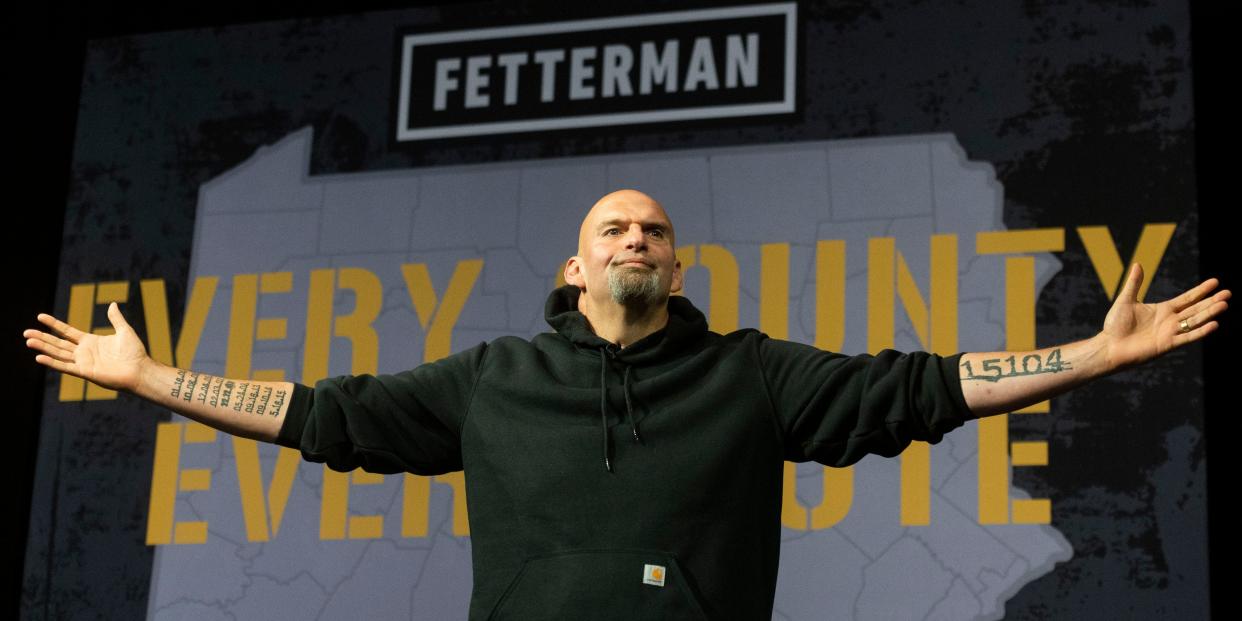 Democratic Senate candidate Lt. Gov. John Fetterman (D-PA) is welcomed on stage during a rally at the Bayfront Convention Center on August 12, 2022 in Erie, Pennsylvania.