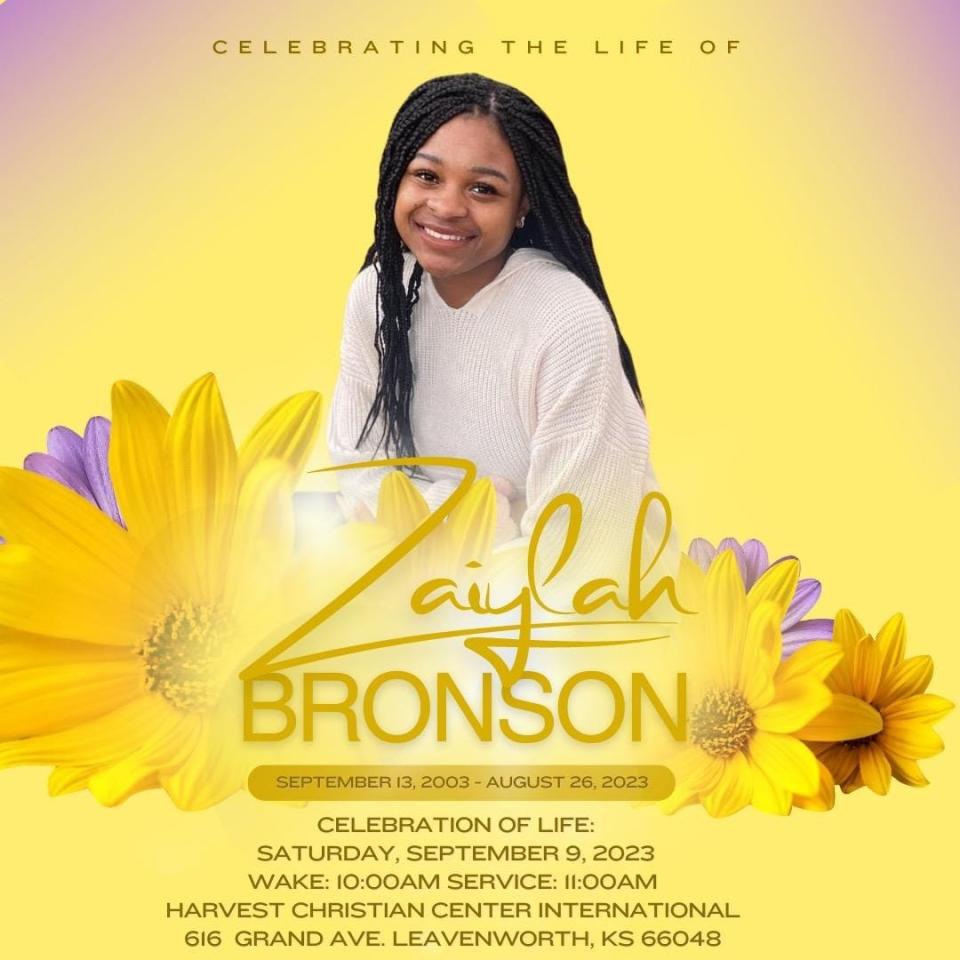 A memorial service announcement for 19-year-old Zaiylah Bronson, who died in August 2023.