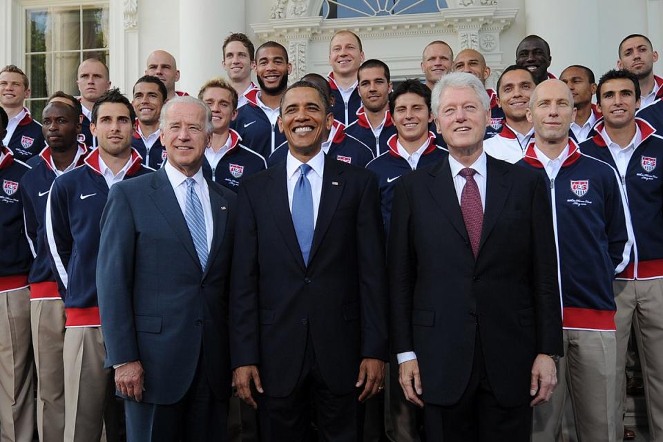 Future president Joe Biden, then-president Barack Obama and former president Bill Clinton at the White House with the US World Cup Soccer Team in May 2010 (AFP via Getty Images)
