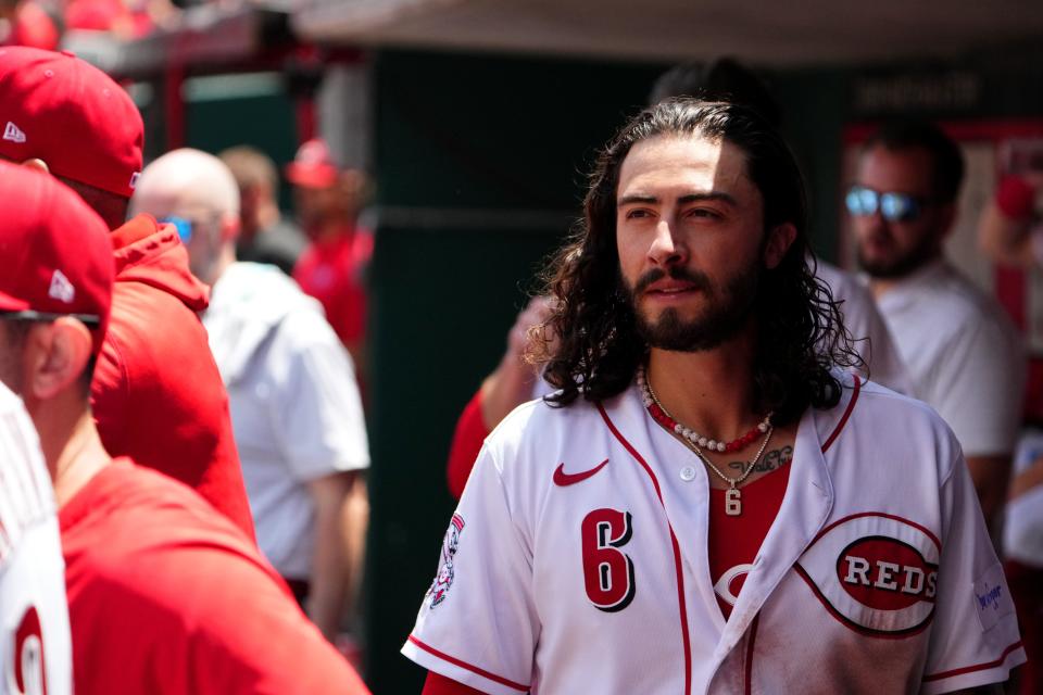 Cincinnati Reds second baseman Jonathan India (6) walks through the dugout in the seventh inning during a baseball game between the St. Louis Cardinals and the Cincinnati Reds, Thursday, May 25, 2023, at Great American Ball Park in Cincinnati.