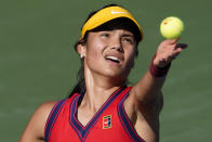 Emma Raducanu, of Great Britain, serves to Sara Sorribes Tormo, of Spain, during the third round of the US Open tennis championships, Saturday, Sept. 4, 2021, in New York. (AP Photo/Seth Wenig)