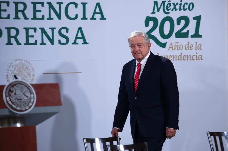 Mexico's President Andres Manuel Lopez Obrador attends a news conference where he announced that he sent his well wishes to President-elect Joe Biden ahead of Biden's inauguration later in the day, at the National Palace in Mexico City