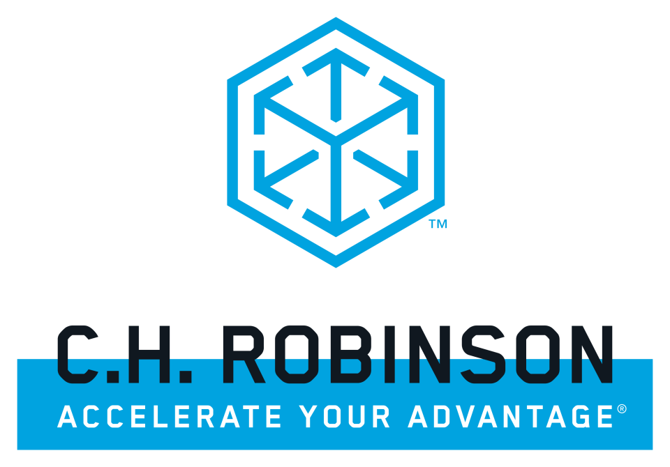 Logo of blue hexagon with arrows inside, and C.H. Robinson name and slogan.