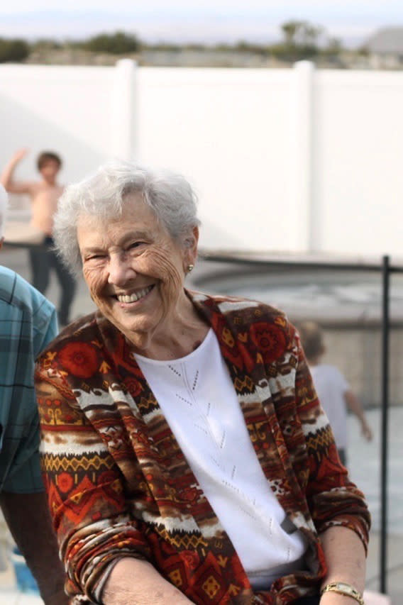 In this undated photo provided by her daughter-in-law Kimberly Turner, Lois Arvickson, 89, of Calimesa, Calif., poses for a photo. Arvickson is missing Thursday night after a wind-driven wildfire sparked by burning trash swept through a Southern California mobile home park, destroying dozens of residences. (Kimberly Turner via AP)