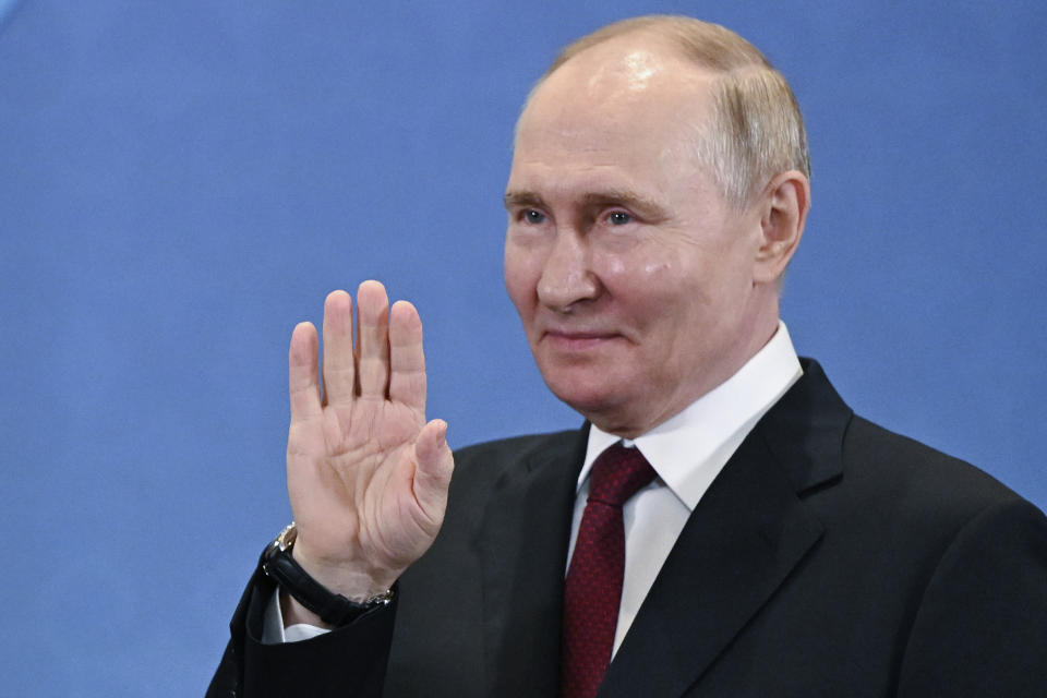 Russian President Vladimir Putin gestures during a meeting with Turkey's President Recep Tayyip Erdogan on the sidelines of the Shanghai Cooperation Organisation (SCO) summit in Astana, Kazakhstan, Wednesday, July 3, 2024. (Sergey Guneyev, Sputnik, Kremlin Pool Photo via AP)