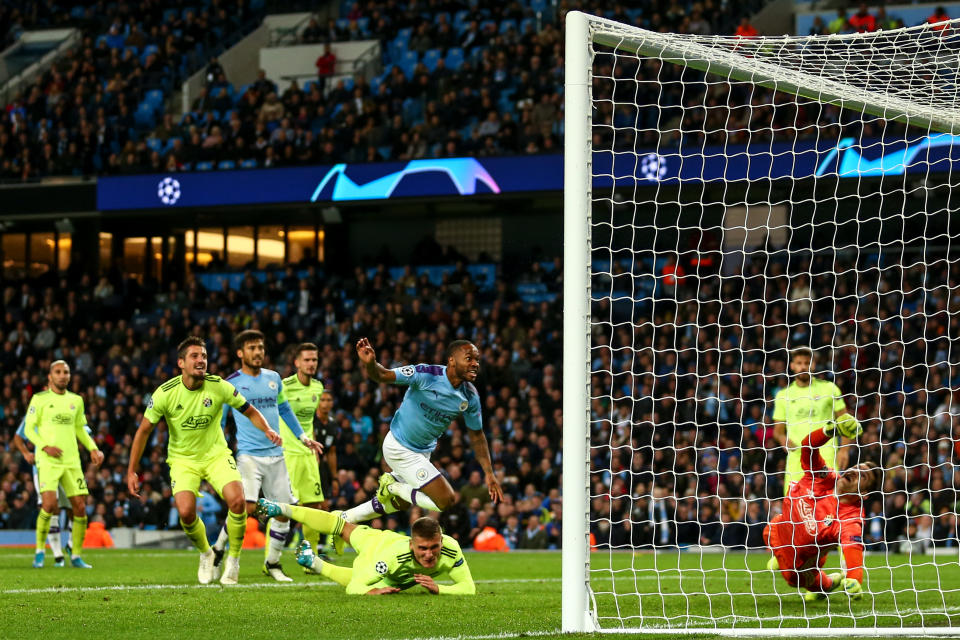 MANCHESTER, ENGLAND - OCTOBER 01: Raheem Sterling of Manchester City scores a goal to make it 1-0 during the UEFA Champions League group C match between Manchester City and Dinamo Zagreb at Etihad Stadium on October 1, 2019 in Manchester, United Kingdom. (Photo by Robbie Jay Barratt - AMA/Getty Images)