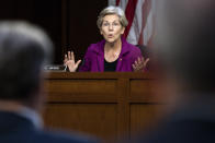 Sen. Elizabeth Warren, D-Mass., questions the witnesses about Zelle, at a Senate Banking Committee annual Wall Street oversight hearing, Thursday, Sept. 22, 2022, on Capitol Hill in Washington. (AP Photo/Jacquelyn Martin)